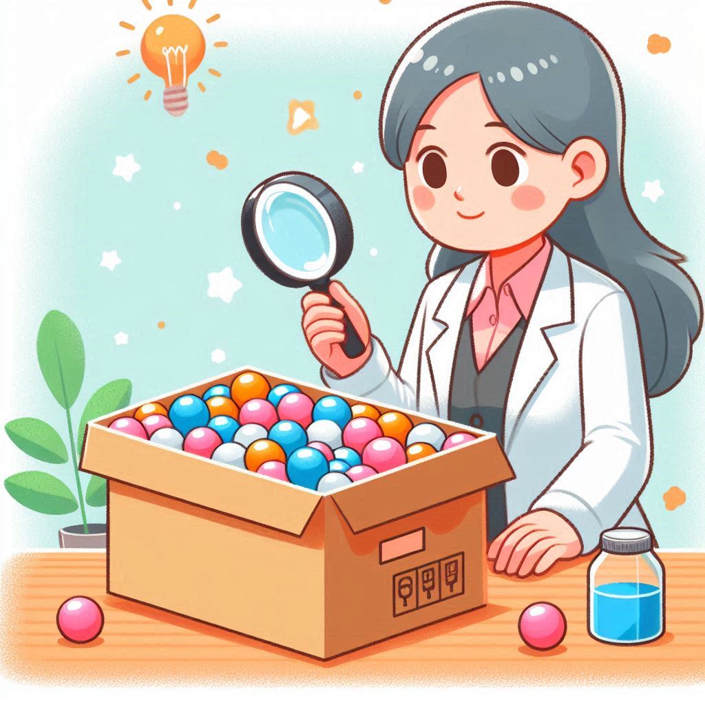 Un científico buscando con una lupa en una caja de pelotas