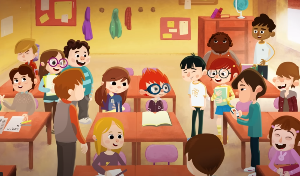 Imagen extraída del corto No juegues conmigo, disponible en youtube. Muestra los alumnos felices en su aula