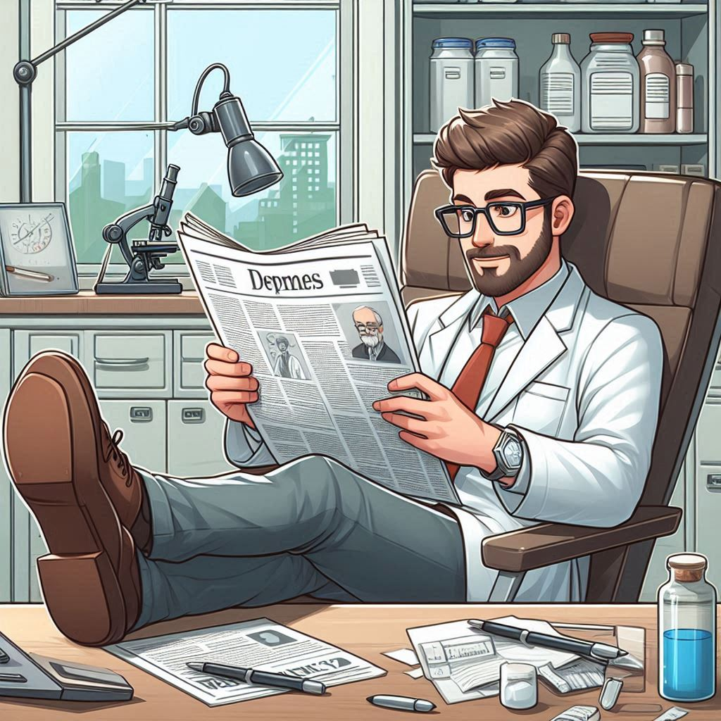 Dibujo de un científico leyendo un periódico, reclinado en una silla en su despacho